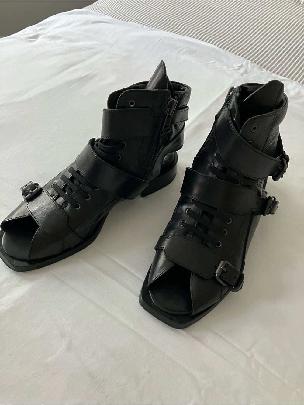 Diesel Black Gold Black Leather Strappy Open-Toe Ankle Boots
